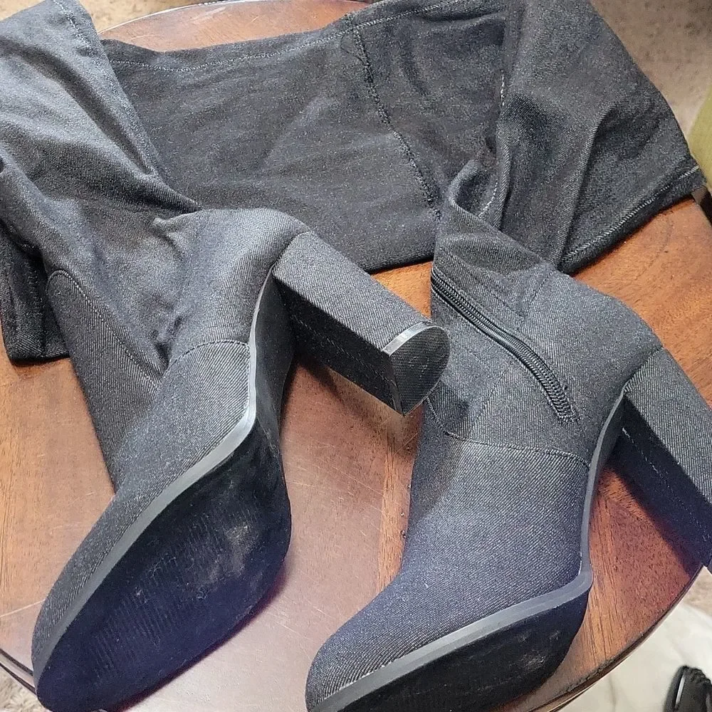 BLACK DENIM OVER THE KNEE BLOCK PLASFORM HEEL BOOT
